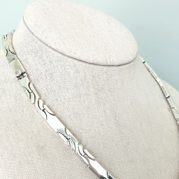 Vintage CII Mexico 925 Sterling Silver Heavy Bar Pattern Link Collar Necklace - Picture 7 of 12